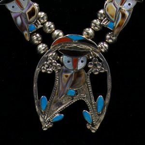 Vintage PW Natewa Signed Zuni Owl Inlay Squash Blossom